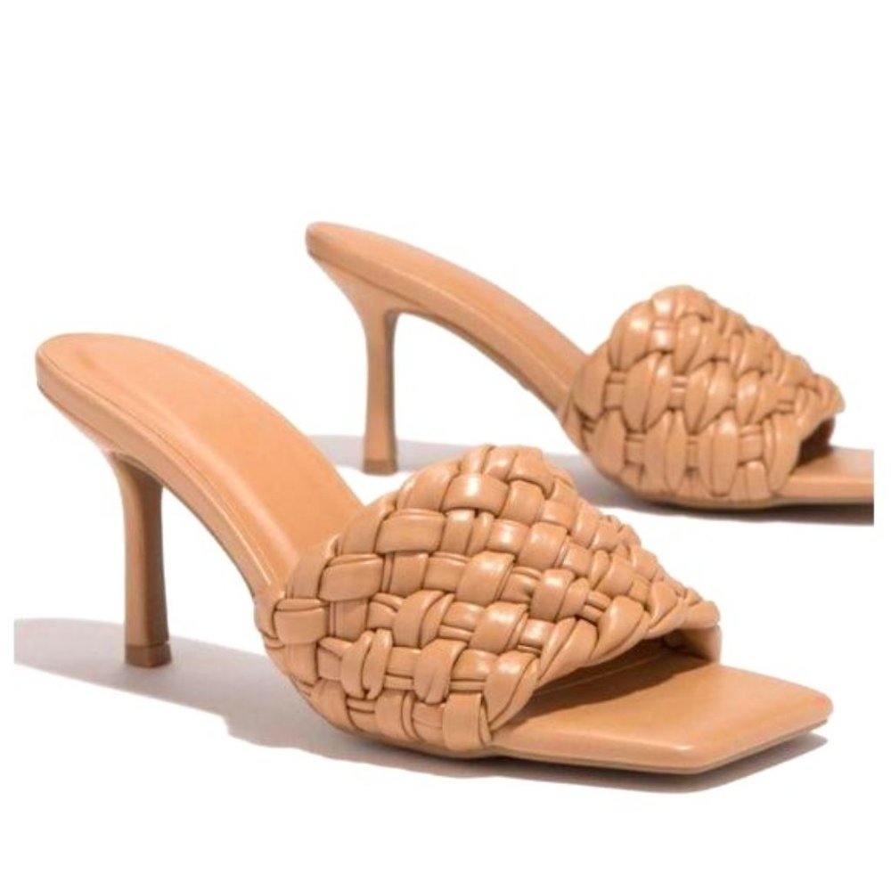 Braided Strap Mule Heels in Nude